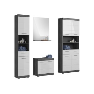 Set bagno SCOTT – Mobile sotto lavabo, colonna, specchio e mobile per lavatrice – Grigio scuro e bianco 