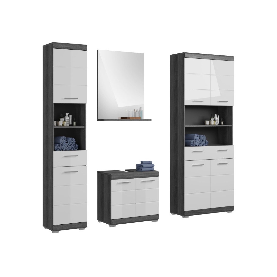 Set bagno SCOTT – Mobile sotto lavabo, colonna, specchio e mobile per lavatrice – Grigio scuro e bianco 