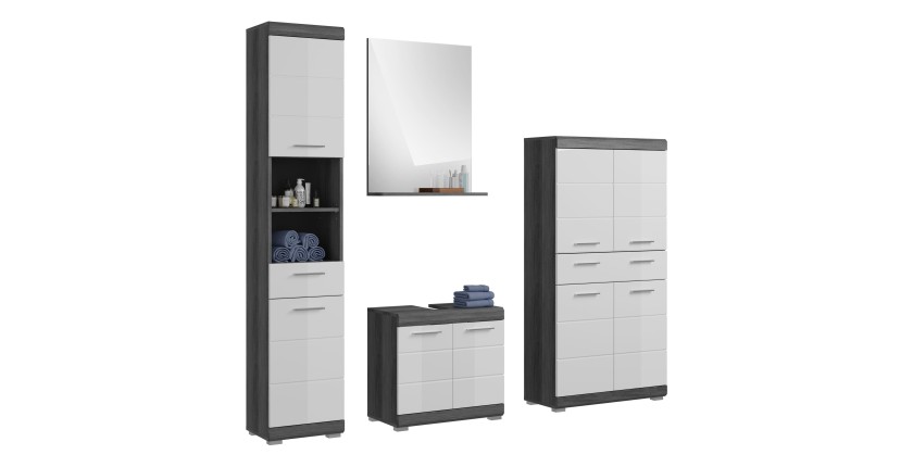 Ensemble salle de bain SCOTT – Meuble sous vasque, miroir, meuble de rangement et colonne – Gris foncé et blanc 