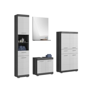 Ensemble salle de bain SCOTT – Meuble sous vasque, miroir, meuble de rangement et colonne – Gris foncé et blanc 