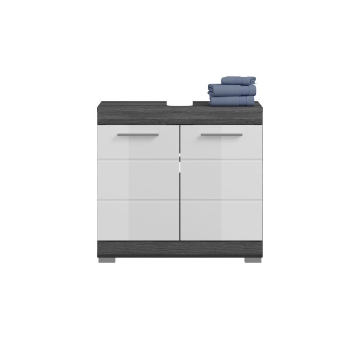Badezimmer-Set SCOTT – Waschtischunterschrank, Spiegel, Aufbewahrungsschrank und Hochschrank – Dunkelgrau und Weiß 