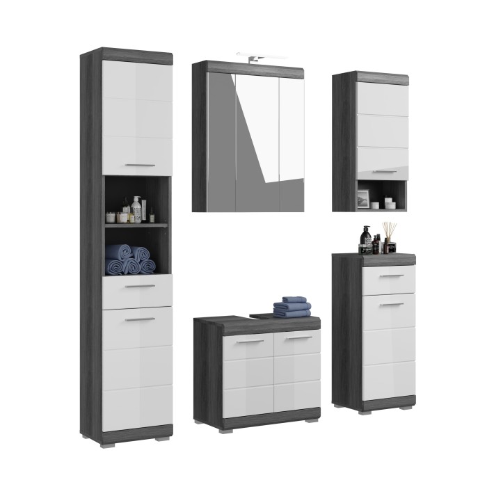 Waschtischunterschrank + Stauraummöbel mit Spiegel und LED + Hochschrank + 2 Halbschränke 