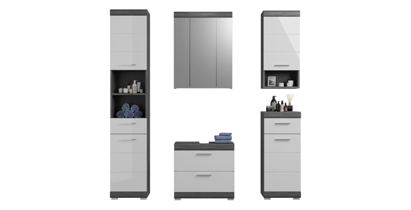 Ensemble salle de bain SCOTT – Meuble sous vasque, colonne, 2 demi-colonnes et miroir 