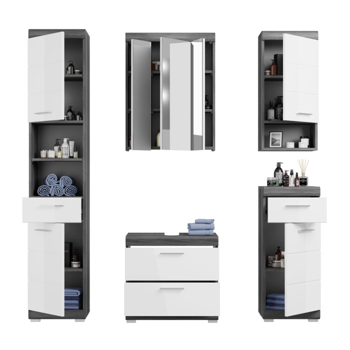 Conjunto de baño SCOTT - Mueble bajo lavabo, columna, 2 medias columnas y espejo 