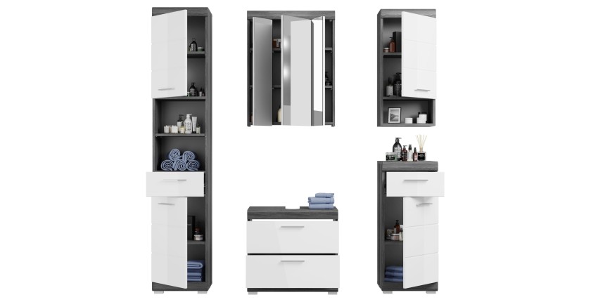 Set bagno SCOTT – Mobile sottolavabo, colonna, 2 mezze colonne e specchio 
