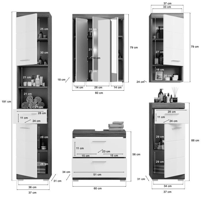 Conjunto de baño SCOTT - Mueble bajo lavabo, columna, 2 medias columnas y espejo 