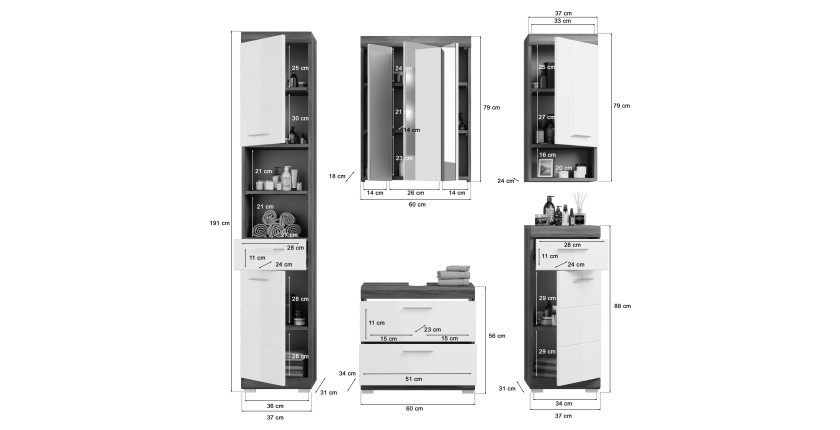 Set bagno SCOTT – Mobile sottolavabo, colonna, 2 mezze colonne e specchio 
