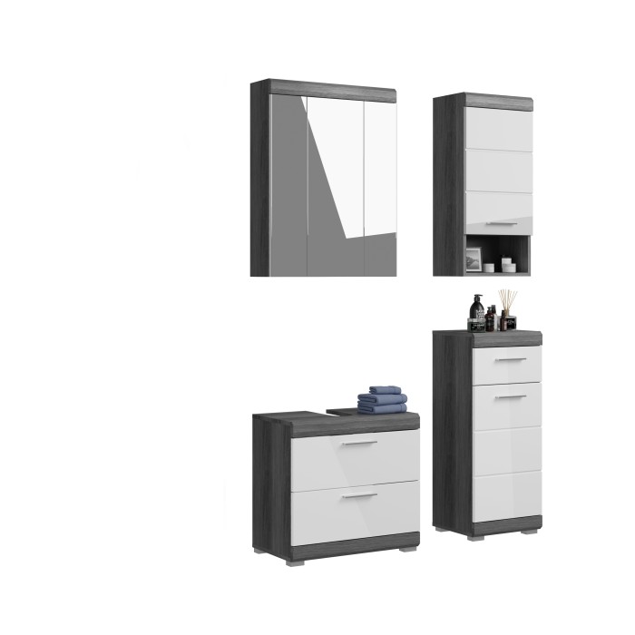 Badezimmer-Set SCOTT – Waschtischunterschrank, Hochschrank und Spiegel mit Stauraum 