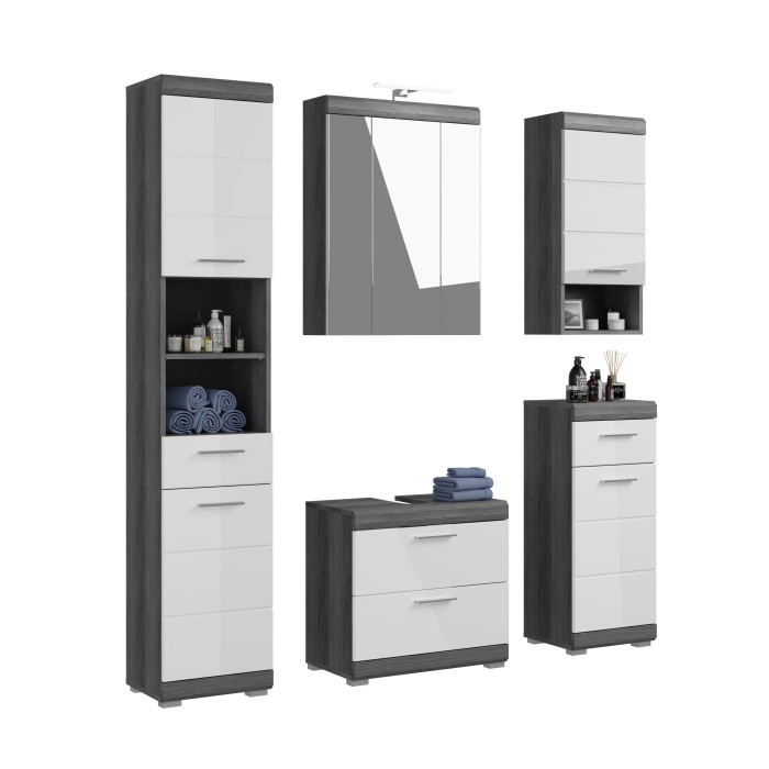 Badezimmer-Set SCOTT – Waschtischunterschrank, LED-Spiegel, Hochschrank und Halbsäulen 