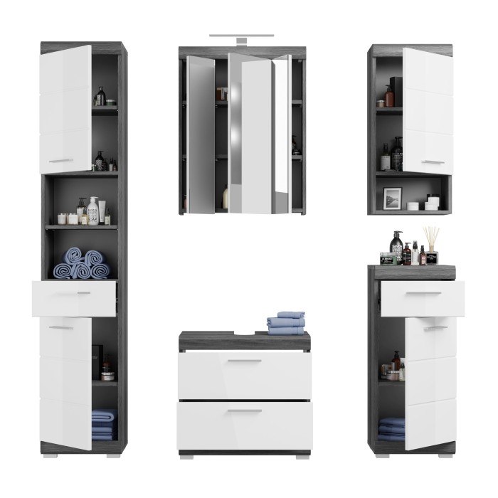 Badezimmer-Set SCOTT – Waschtischunterschrank, LED-Spiegel, Hochschrank und Halbsäulen 