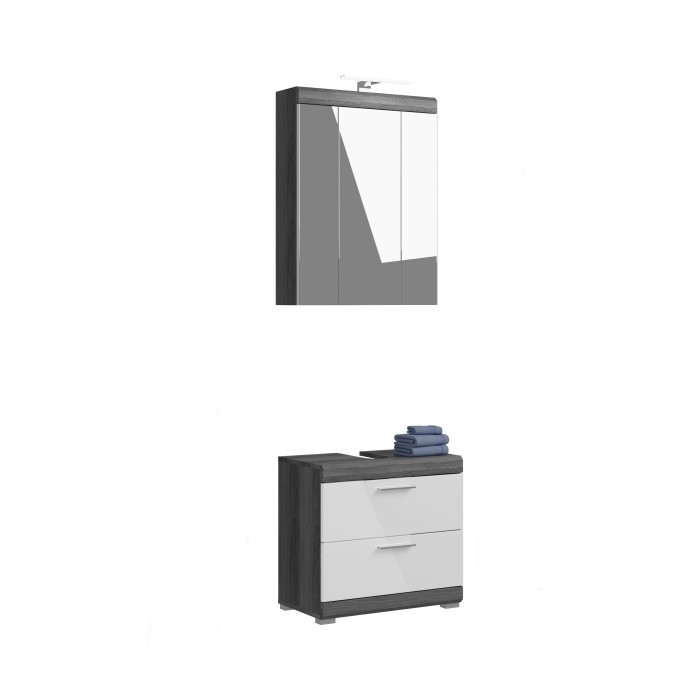 Set bagno SCOTT - Mobile sotto lavabo e mobiletto con specchio LED 
