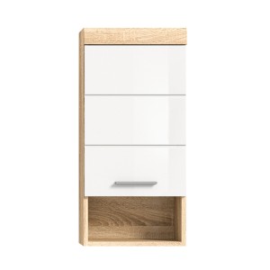 Media columna para baño RIDLEY – 1 puerta y 1 nicho – Blanco y roble claro 