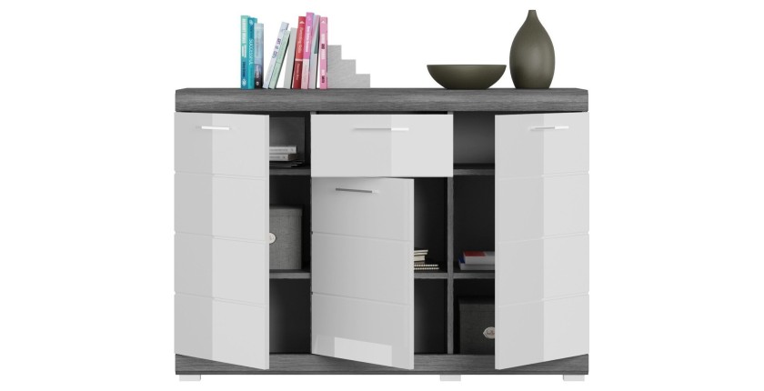 Buffet SCOTT – 3 portes et 1 tiroir – Gris foncé et blanc – 120x85x37 cm 