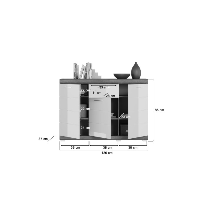 Credenza SCOTT – 3 ante e 1 cassetto – Grigio scuro e bianco – 120x85x37 cm 
