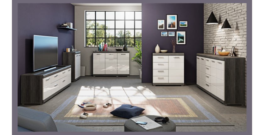 Buffet SCOTT – 3 portes et 1 tiroir – Gris foncé et blanc – 120x85x37 cm 