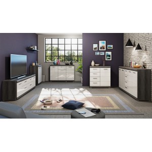 Buffet SCOTT – 3 portes et 1 tiroir – Gris foncé et blanc – 120x85x37 cm 
