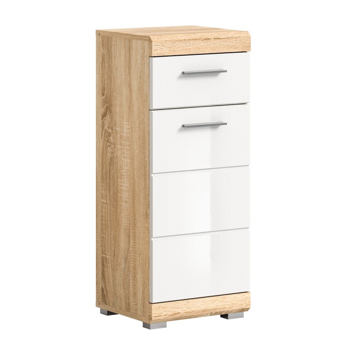 Mezza colonna RIDLEY - 1 cassetto e 1 porta - Bianco e rovere chiaro 