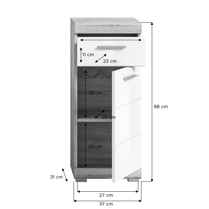 Mezza colonna RIDLEY - 1 cassetto e 1 porta - Bianco e rovere chiaro 