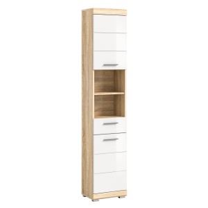 Colonna da bagno RIDLEY - 2 porte, 1 cassetto e 2 nicchie visibili - Bianco e rovere chiaro 