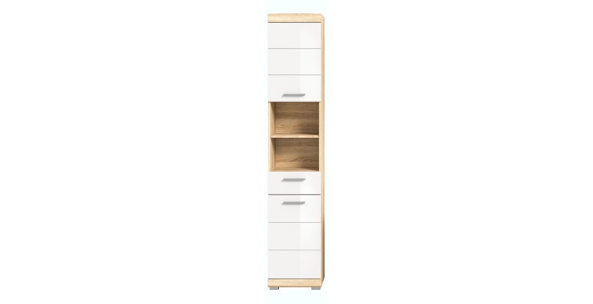 Colonna da bagno RIDLEY - 2 porte, 1 cassetto e 2 nicchie visibili - Bianco e rovere chiaro 