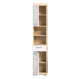 Colonna da bagno RIDLEY - 2 porte, 1 cassetto e 2 nicchie visibili - Bianco e rovere chiaro 