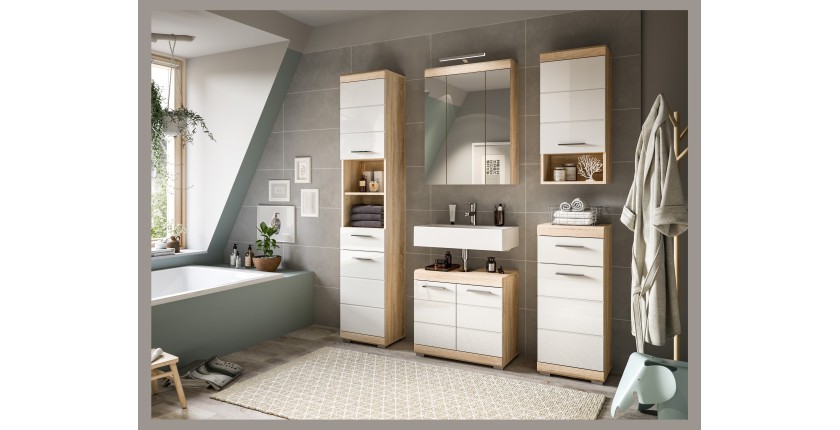 Media columna para baño RIDLEY – 1 puerta y 1 nicho – Blanco y roble claro 