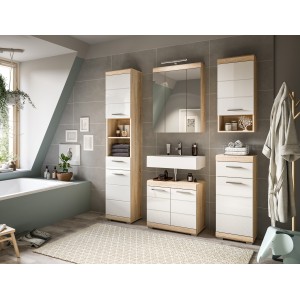 Media columna para baño RIDLEY – 1 puerta y 1 nicho – Blanco y roble claro 