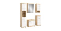 Conjunto de muebles de baño RIDLEY - Muebles bajo lavabo, mueble con espejo, columna y medias columnas - Blanco y roble 