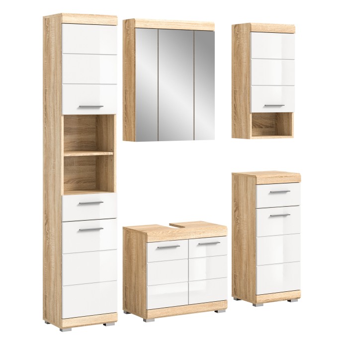 Conjunto de muebles de baño RIDLEY - Muebles bajo lavabo, mueble con espejo, columna y medias columnas - Blanco y roble 
