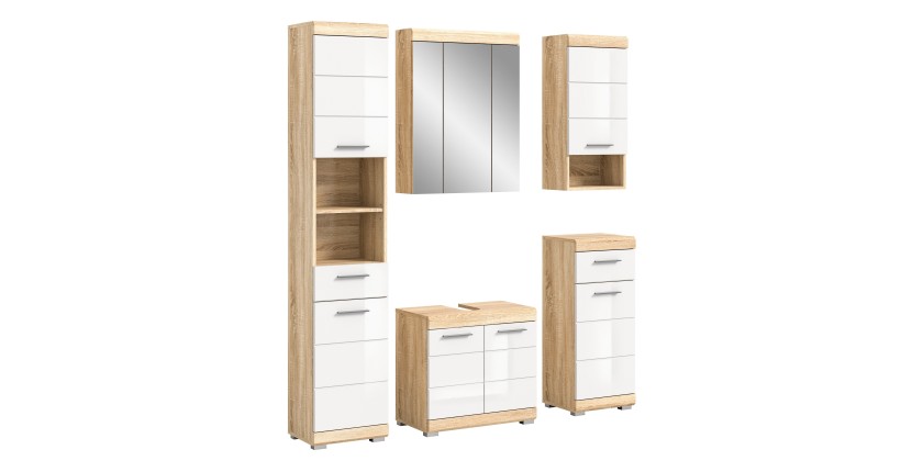 Conjunto de muebles de baño RIDLEY - Muebles bajo lavabo, mueble con espejo, columna y medias columnas - Blanco y roble 