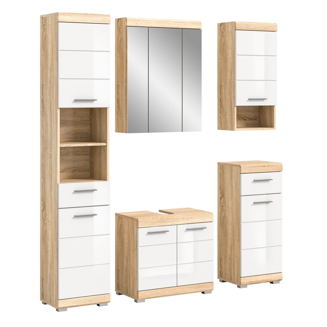 Conjunto de muebles de baño RIDLEY - Muebles bajo lavabo, mueble con espejo, columna y medias columnas - Blanco y roble 