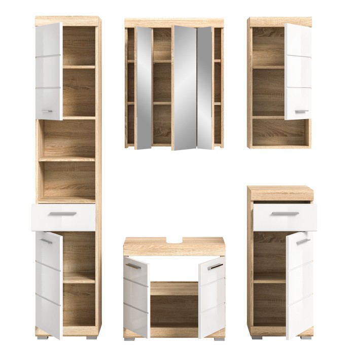 Badezimmermöbel-Set RIDLEY – Unterschränke, Schrank mit Spiegel, Hochschrank und Halbsäulen – Weiß und Eiche 