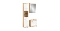 Ensemble de meubles de salle de bain RIDLEY – Meuble sous vasque, colonne et rangement avec miroir – Blanc et chêne clair 