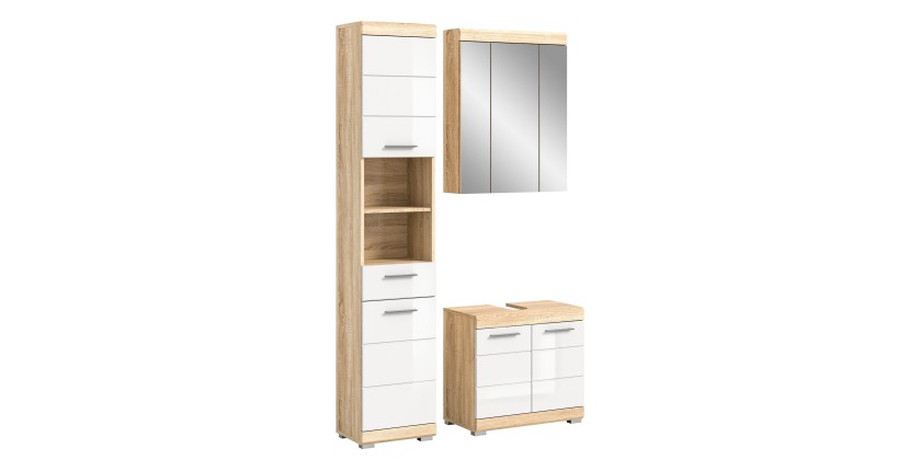 Ensemble de meubles de salle de bain RIDLEY – Meuble sous vasque, colonne et rangement avec miroir – Blanc et chêne clair 