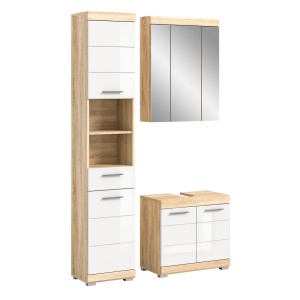 Ensemble de meubles de salle de bain RIDLEY – Meuble sous vasque, colonne et rangement avec miroir – Blanc et chêne clair 