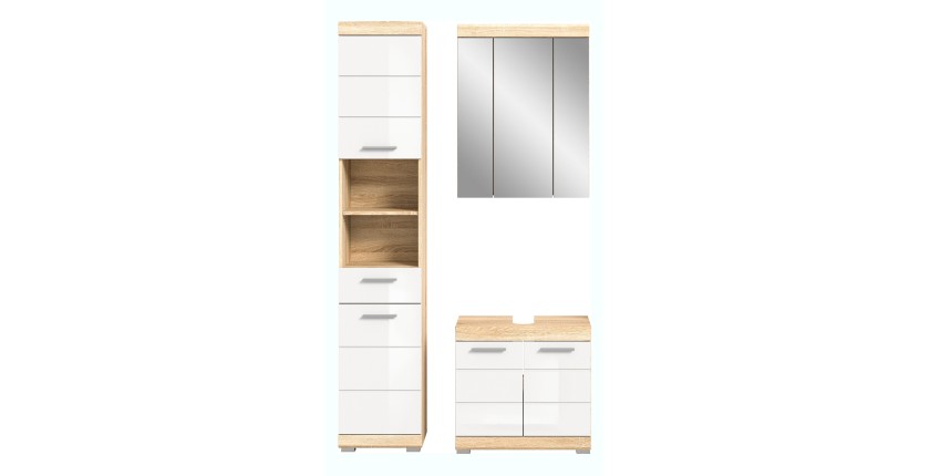 Ensemble de meubles de salle de bain RIDLEY – Meuble sous vasque, colonne et rangement avec miroir – Blanc et chêne clair 