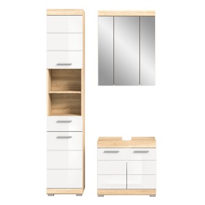 Ensemble de meubles de salle de bain RIDLEY – Meuble sous vasque, colonne et rangement avec miroir – Blanc et chêne clair 