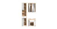 Ensemble de meubles de salle de bain RIDLEY – Meuble sous vasque, colonne et rangement avec miroir – Blanc et chêne clair 