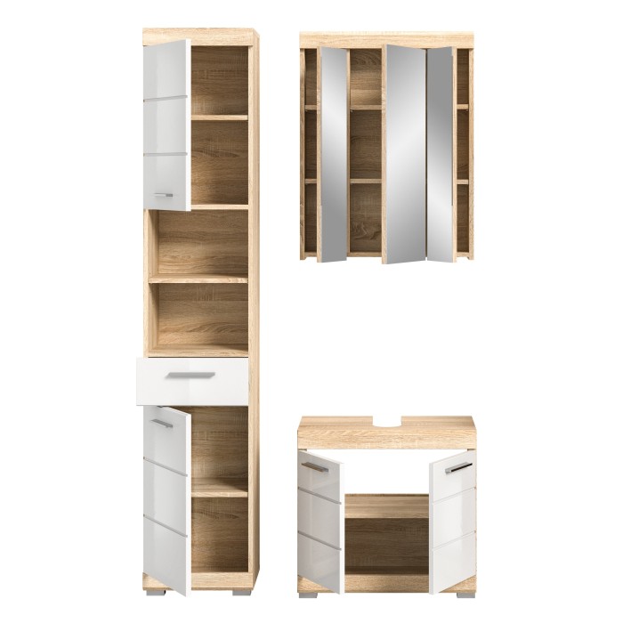 <p>Badmöbel-Set RIDLEY – Waschtischunterschrank, Hochschrank und Spiegelschrank – Weiß und helles Eichenholz</p> 