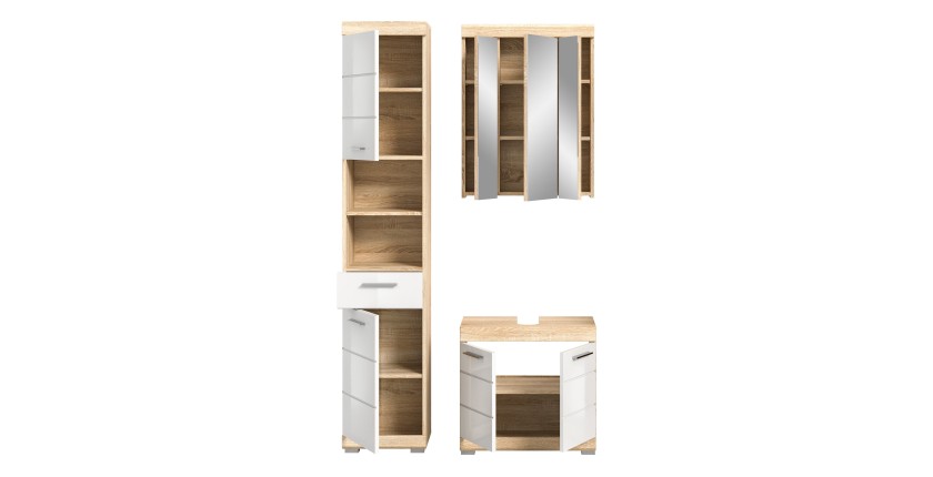 Ensemble de meubles de salle de bain RIDLEY – Meuble sous vasque, colonne et rangement avec miroir – Blanc et chêne clair 