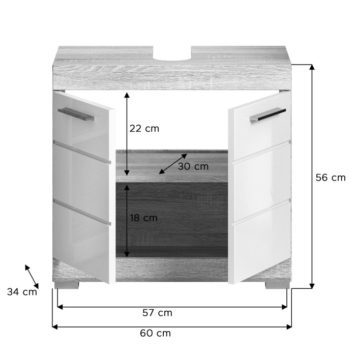<p>Badmöbel-Set RIDLEY – Waschtischunterschrank, Hochschrank und Spiegelschrank – Weiß und helles Eichenholz</p> 