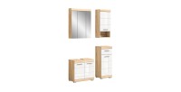 Ensemble de meubles de salle de bain RIDLEY – Meuble sous vasque, rangement miroir, 2 demi colonnes – Blanc et chêne clair 