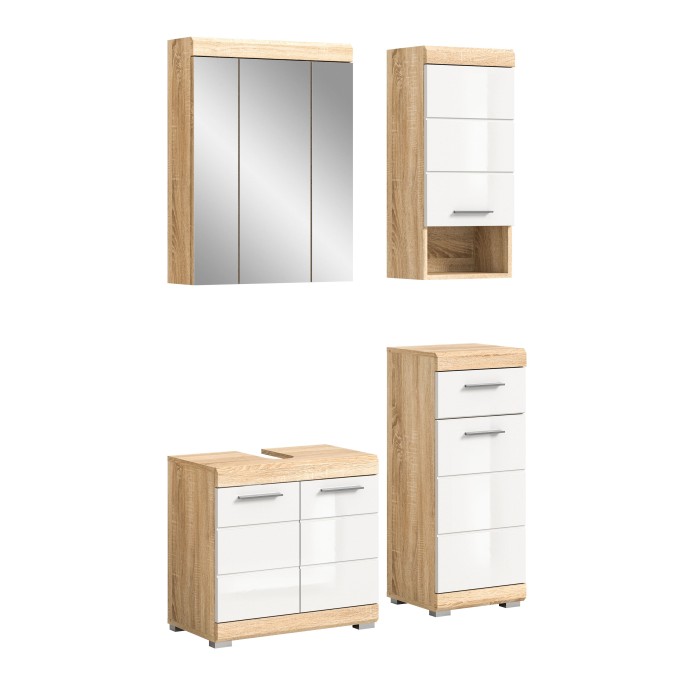<p>Badkamermeubelset RIDLEY - Onder wastafelkast, spiegelopslag, 2 halve kolommen - Wit en licht eiken</p> 