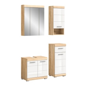 <p>Badkamermeubelset RIDLEY - Onder wastafelkast, spiegelopslag, 2 halve kolommen - Wit en licht eiken</p> 