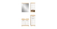 Ensemble de meubles de salle de bain RIDLEY – Meuble sous vasque, rangement miroir, 2 demi colonnes – Blanc et chêne clair 