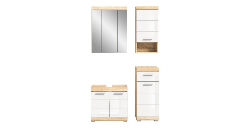 Ensemble de meubles de salle de bain RIDLEY – Meuble sous vasque, rangement miroir, 2 demi colonnes – Blanc et chêne clair 