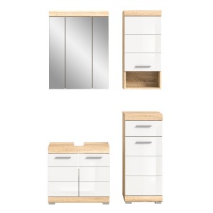Ensemble de meubles de salle de bain RIDLEY – Meuble sous vasque, rangement miroir, 2 demi colonnes – Blanc et chêne clair 