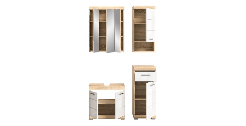 Ensemble de meubles de salle de bain RIDLEY – Meuble sous vasque, rangement miroir, 2 demi colonnes – Blanc et chêne clair 