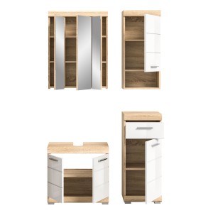 Ensemble de meubles de salle de bain RIDLEY – Meuble sous vasque, rangement miroir, 2 demi colonnes – Blanc et chêne clair 