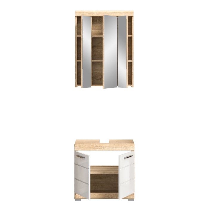 Conjunto de muebles de baño RIDLEY – Mueble bajo lavabo y almacenamiento espejo – Blanco y roble claro 